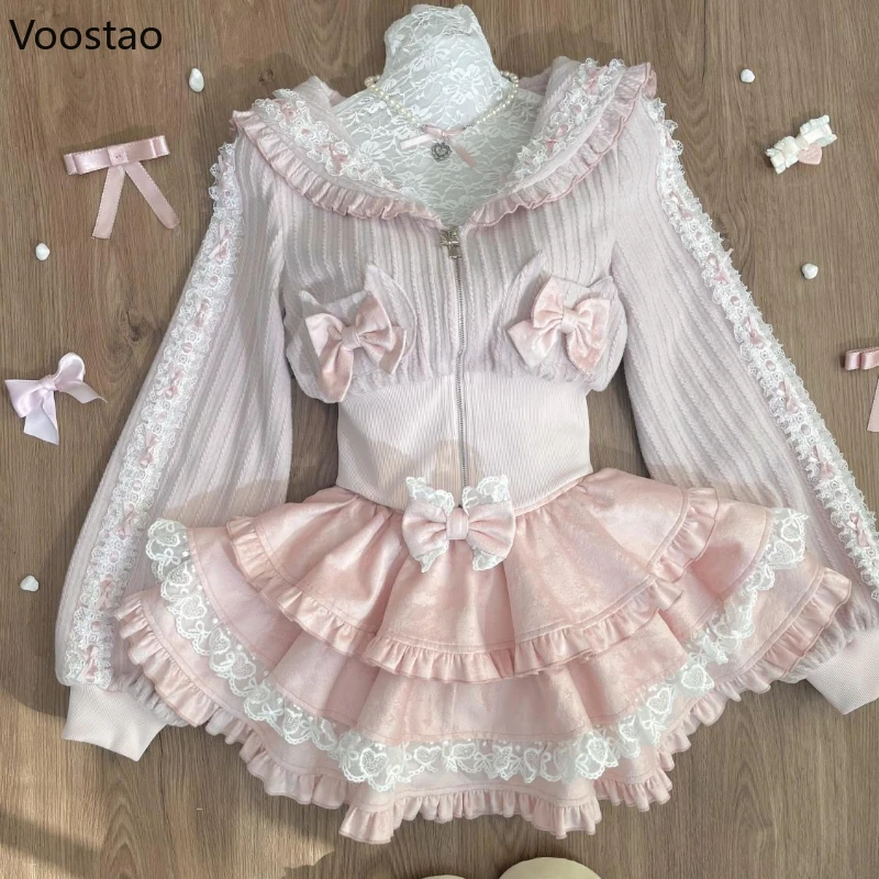 Kawaii Lolita Style Women 2 Piece Set Japanese Sweet Pink Bow Zipper Coat Tops Lace Ruffle Mini Cake Skirt Female Fashion Outfit