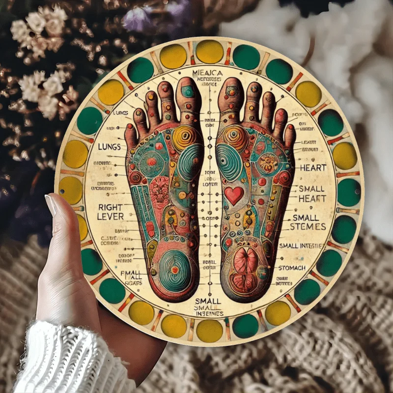 مسطح ثنائي الأبعاد، قطعة واحدة من خريطة تحفيز الضغط الإبري العتيقة للقدمين - لافتة قصدير معدنية من الألومنيوم المتين لعلم انعكاس القدم والاسترخاء والمنزل