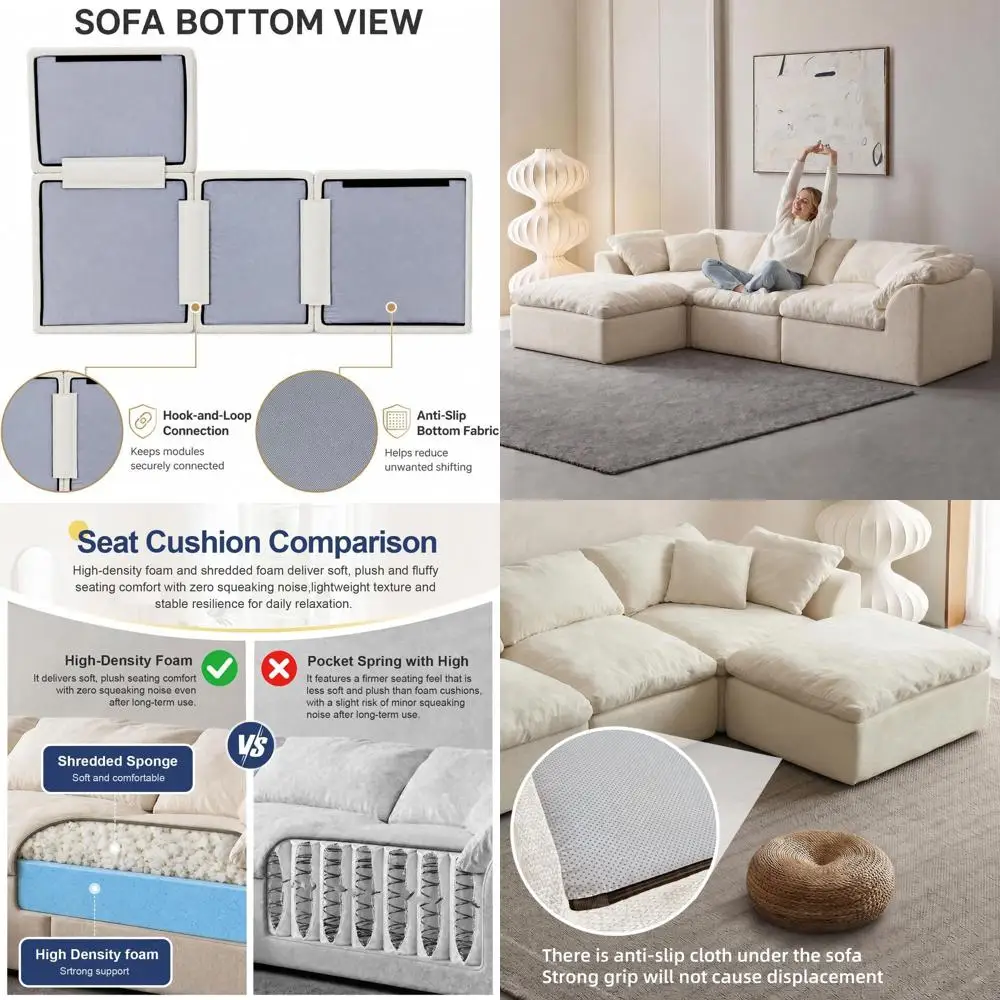 Extra Large L-Shaped Chenille Sofa with Chaise Lounge, Deep Seating, Convertible Couch, Easy Assembly (Ivory)