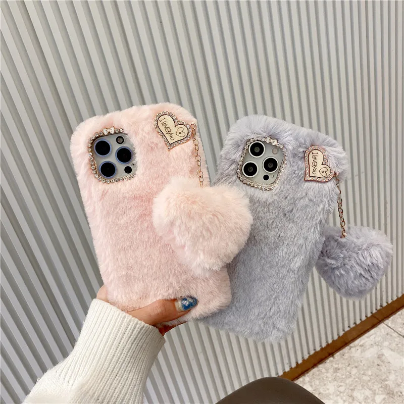 Pendant Plush Case For iPhone 15 14 12 11 Pro Max XS Max XR X 13 Luxury Rabbit Furry Fluffy Soft Cover For iPhone 6 7 8 Plus SE2