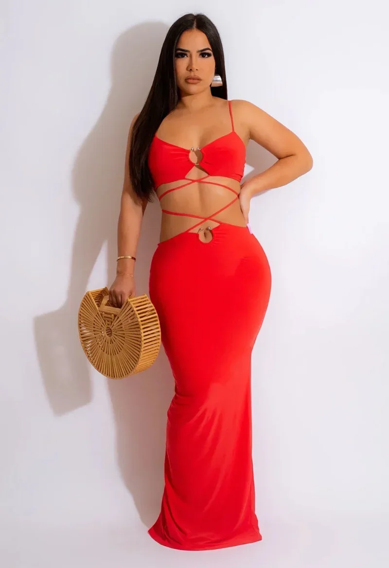 

KEXU Beach Style Women Strap Crop Top Drawstring Lace Maxi Long Bodycon Skirt Dress Sexy Party Club Outfits Two 2 Piece Set