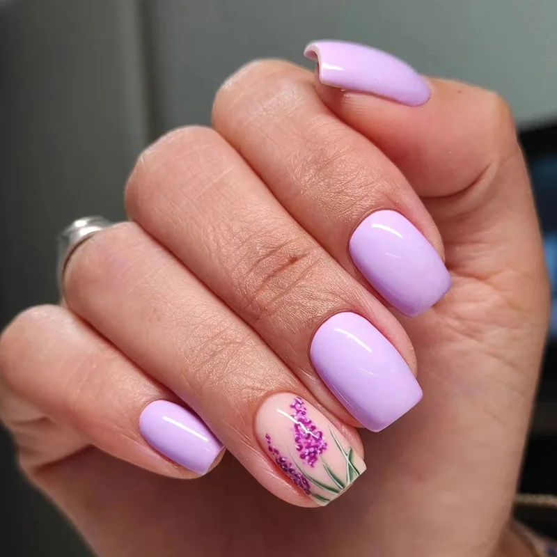 24pcs Sweet Summer Fake Nails with Glue Flower Lavender Purple Short Press on Nails Medium Square Artificial Adhesive False Nail