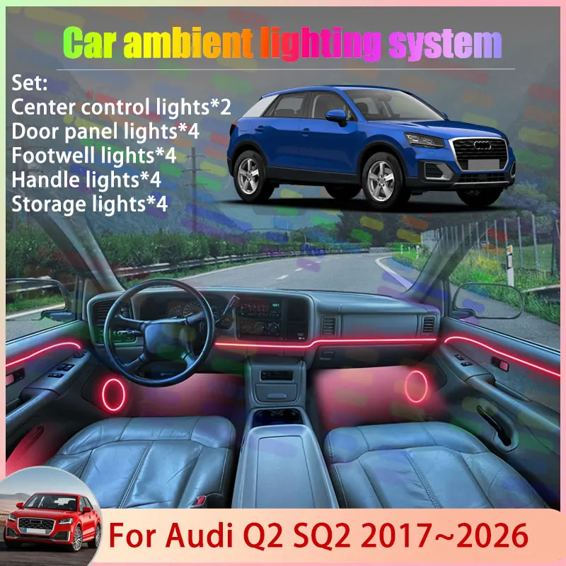 

Для Audi Q2 SQ2 2017 ~ 2026 2/18 в 1, автомобильная атмосферная лампа, абажур RGB, ансамбль, стример, атмосферный набор, автозапчасти, аксессуары