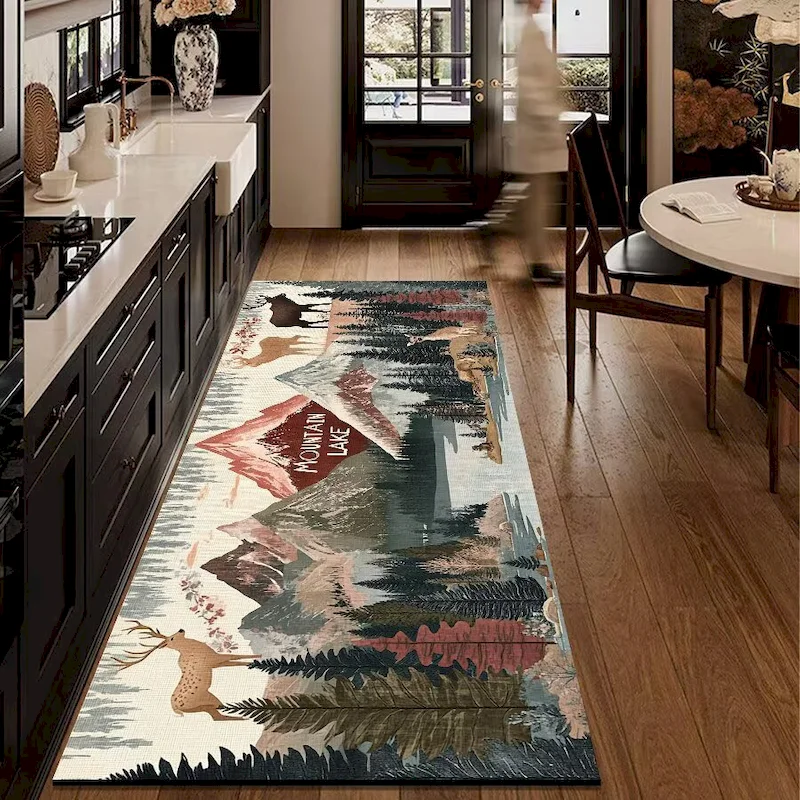 VIKAMA Rustic Cabin Deer Forest Runner Rug Non‑Slip Vintage Mountain Long Floor Mat for Kitchen Hallway Entryway Home Decor