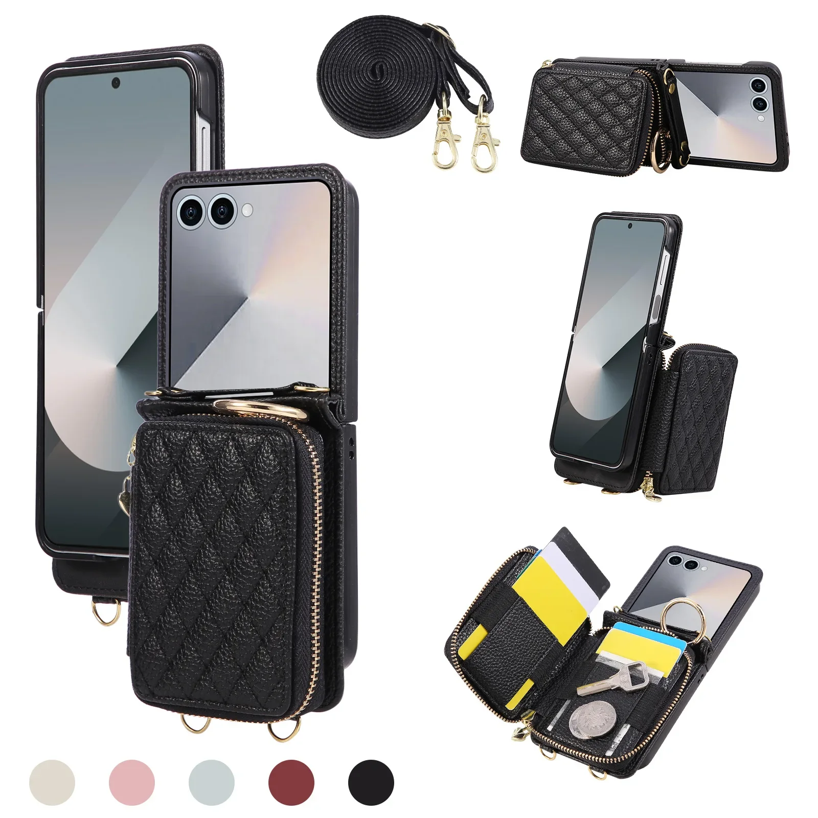 حافظة كروس جلدية عادية متعددة الوظائف لهاتف سامسونج جالاكسي Z Flip 7 FE Flip6 5 4 3 حزام طويل حلقة حامل بطاقة غطاء المحفظة #1