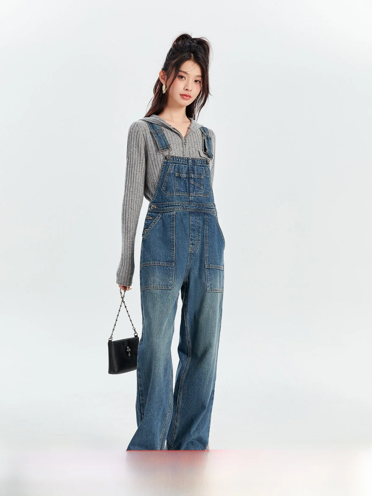 

Washed Denim Overalls Women's Loose Casual Design Spring New Style High Waist Cotton Blend One-T Brand College Style Jeans
