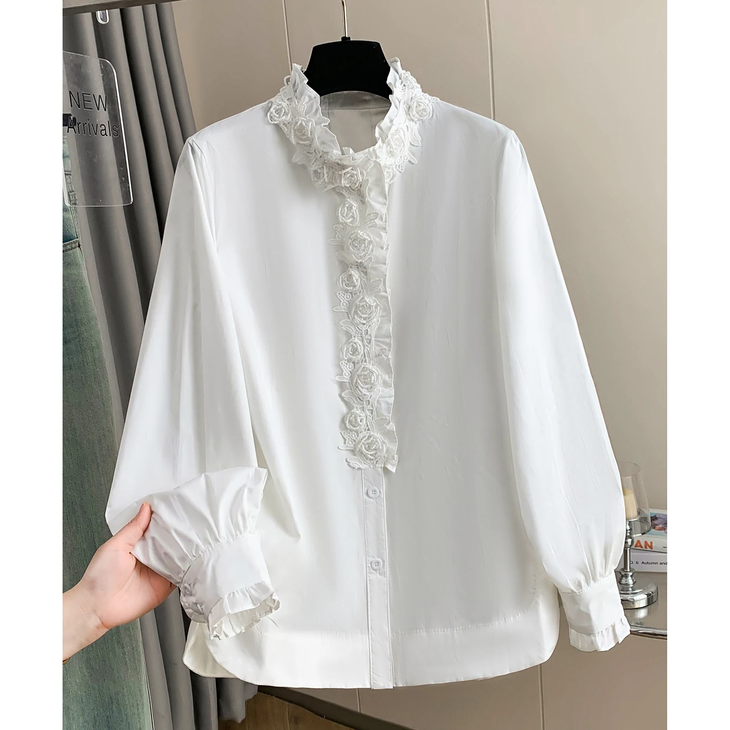 

Французская свободная белая рубашка с длинным рукавом для женщин, весна 2026, с воротником-стойкой, повседневный универсальный топ