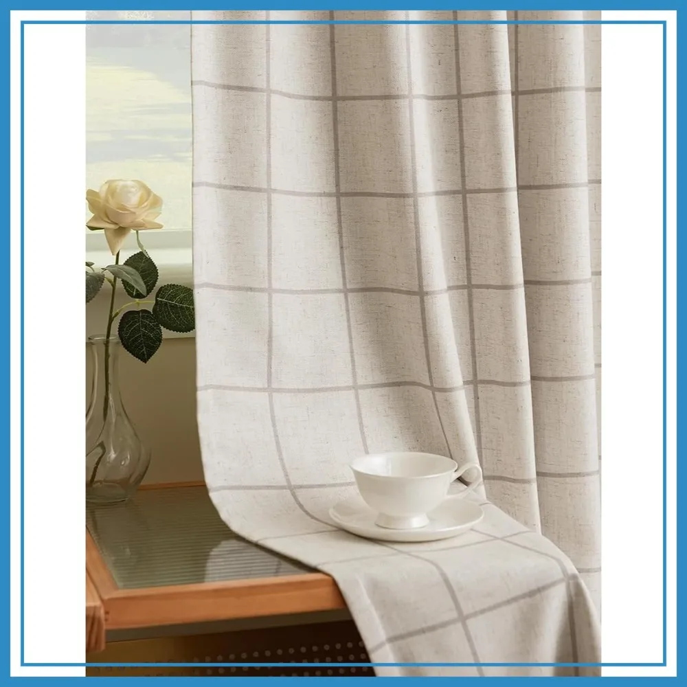 

Pinch Pleated Plaid Curtains 84 Inch Length Blackout Linen Gingham for Living Room Bedroom 2 Panels