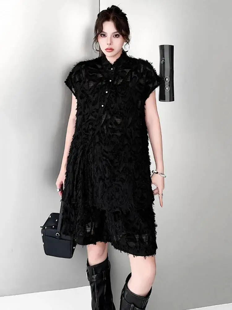 Black Tassels Perspective Shirt Shorts Two Piece Suit New Lapel Sleeveless Women Fashion Tide Spring Summer