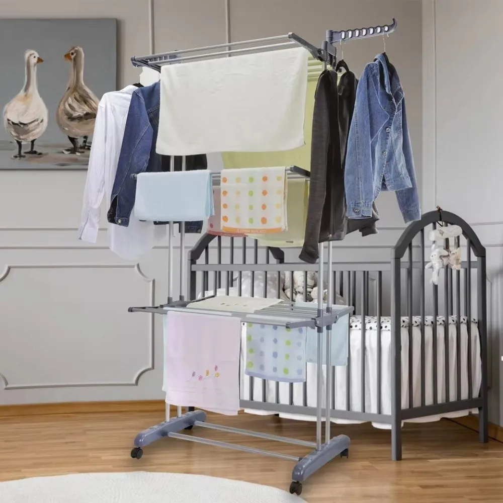 

Adjustable Plastic Clothes Drying Rack 4-Tier with Hook Foldable Clothes Airer Large Size Movable Clothing Rack Laundry Room