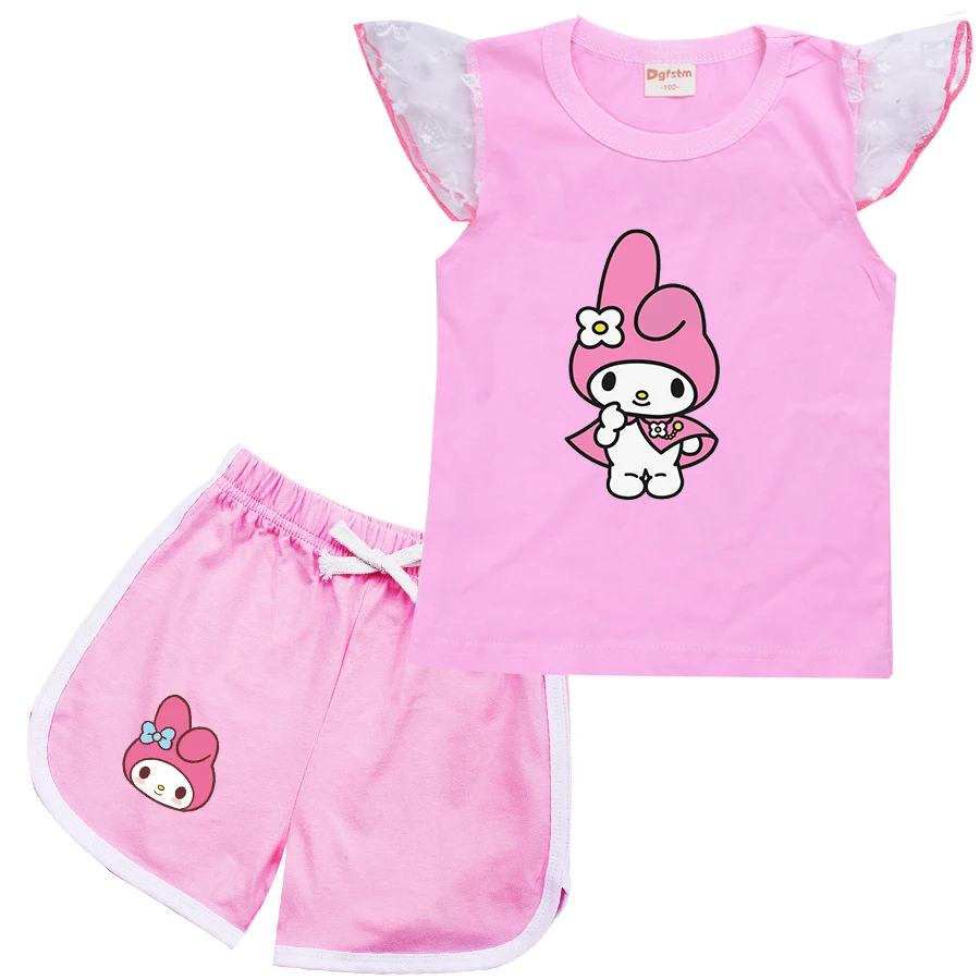 Fashion Summer Girls Baby Clothing My Melody T shirt Set Short Sleeve Children Casual Cartoon Print Tops+Shorts Set