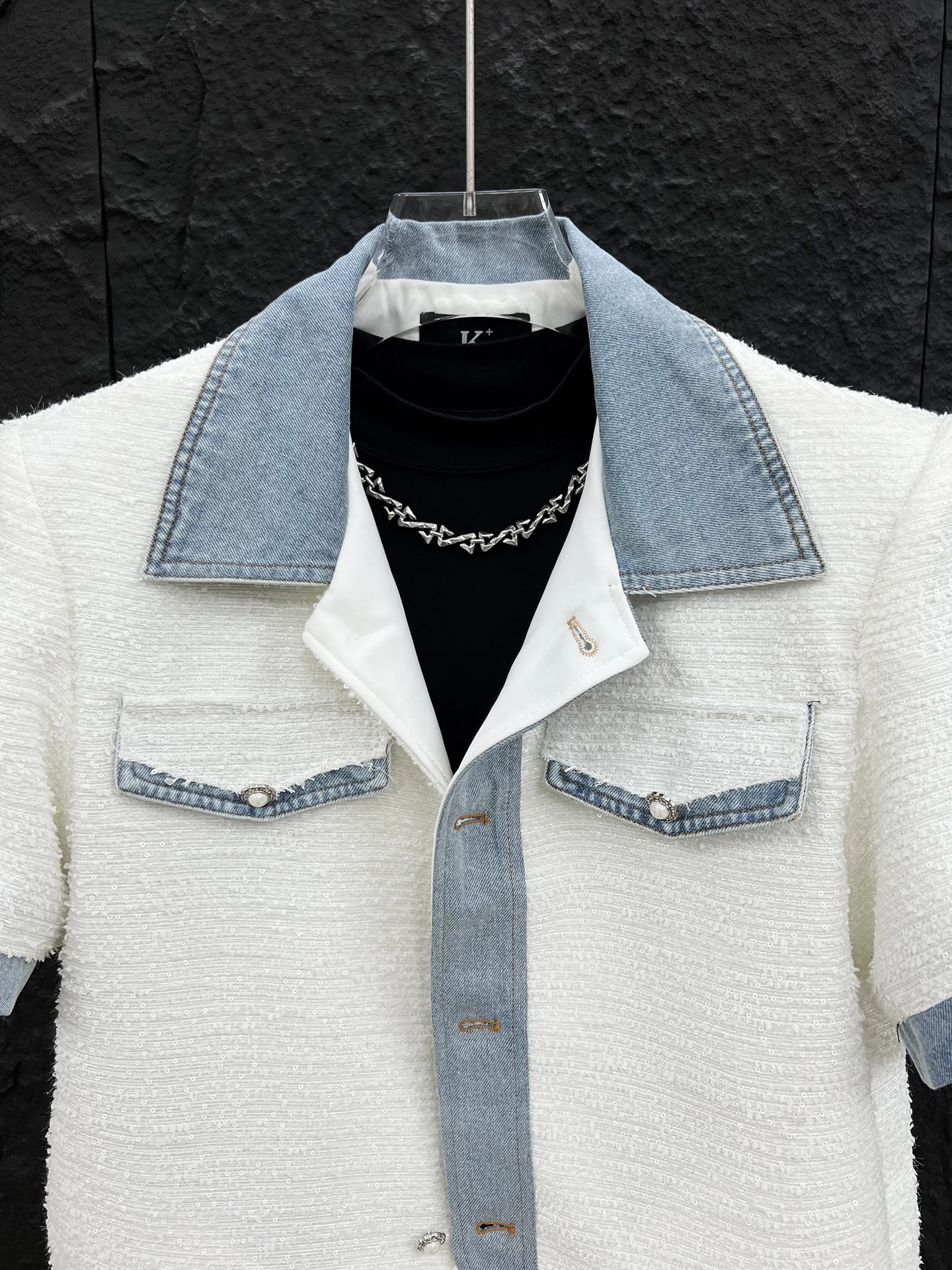 Men's 2025 Summer New Coats Niche Splicing Denim Short-sleeve Small Fragrant Jackets Men's Handsome Sequin Design Fashion Jacket