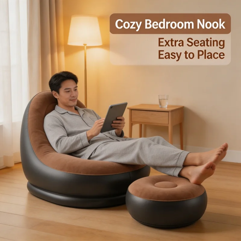 2Pcs Lazy Sofa Inflatable Chair Folding Recliner (Sofa + Footrest) Outdoor Sofa Bed with Footrest Indoor and Outdoor Portable