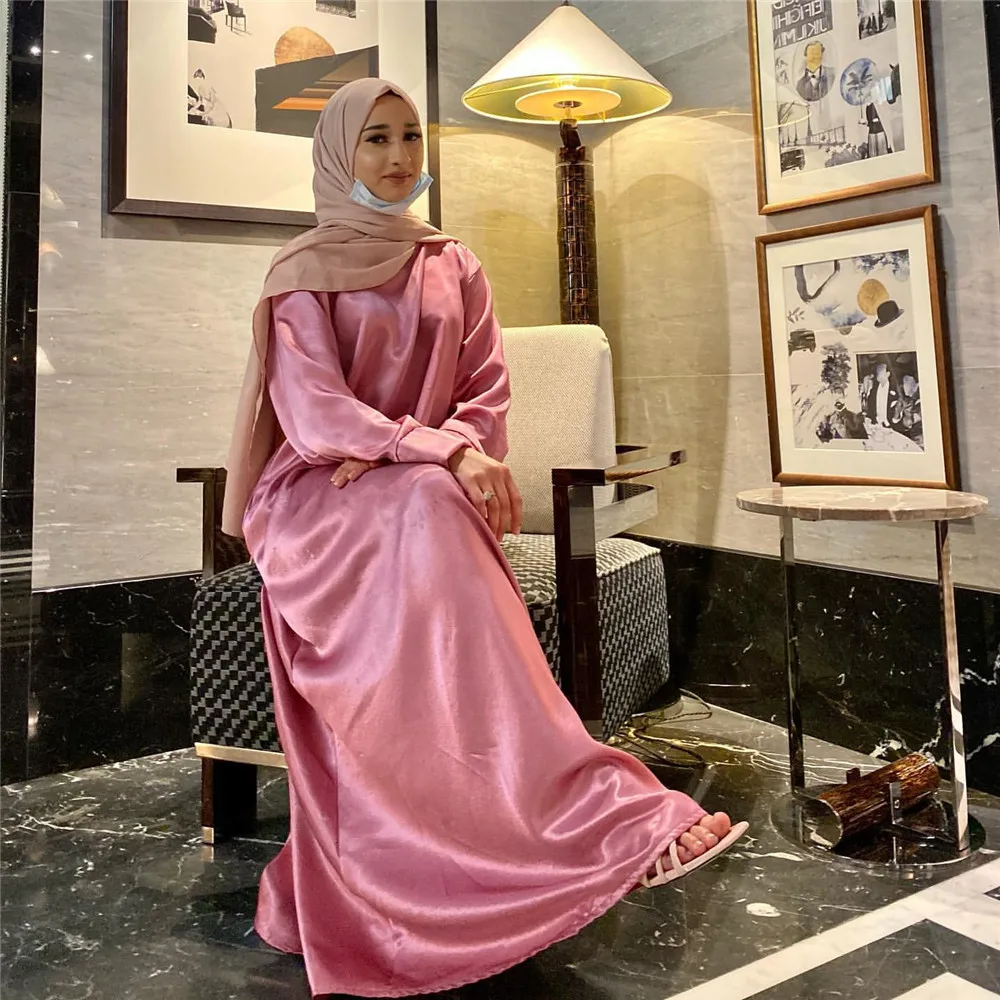 

Women Muslim Satin Hijab Dress Dubai Turkey Kaftan Islamic Jalabiya Clothing Eid Ramadan Abaya Arab Robe Longue Femme Musulmane