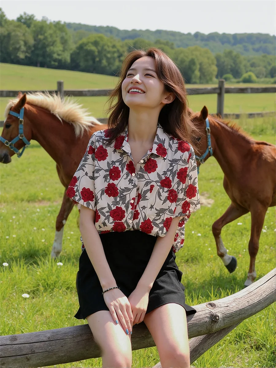 Eleganckie bluzki damskie z czerwonym kwiatowym nadrukiem, krótki rękaw, gładkie, koreańskie, oversize, białe, bawełniane, w paski, duży rozmiar, kobiece, jesienne.