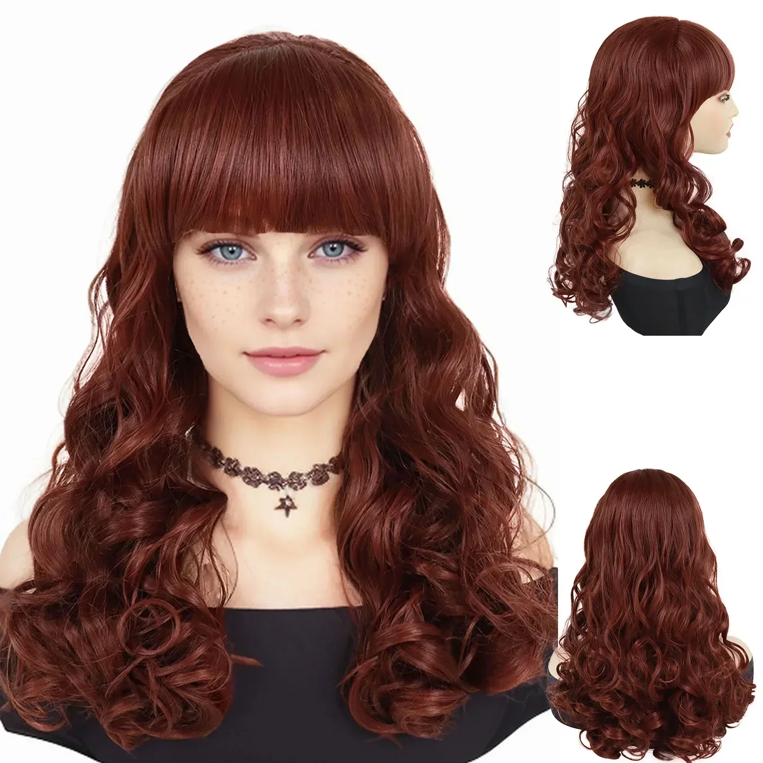 Auburn Wigs for Women Synthetic Hair Long Curly Wig with Bang Body Wave Wigs Auburn Red Loose Curls Soft XG’s Concert in Chicago