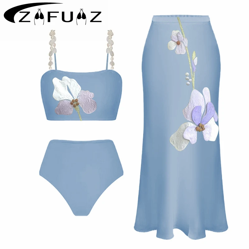 2024 New Bikini Set Chinese Style High Waist Flower Embroidered Swimsuit and Wrap Skirt Three Piece Set Bathing Suit Beachwear