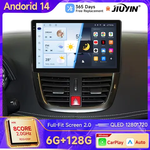 JIUYIN 무선 CarPlay 안드로이드 14 자동 라디오 푸조 207 207CC 2006 2007 2008 2009 2010 2011 2012- 2015 GPS 2din autoradio