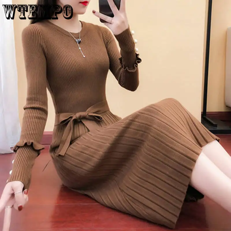 WTEMPO, moda coreana, vestido suéter ajustado con cuello redondo, vestidos largos de punto plisados de manga larga con cinturón elegante para mujer