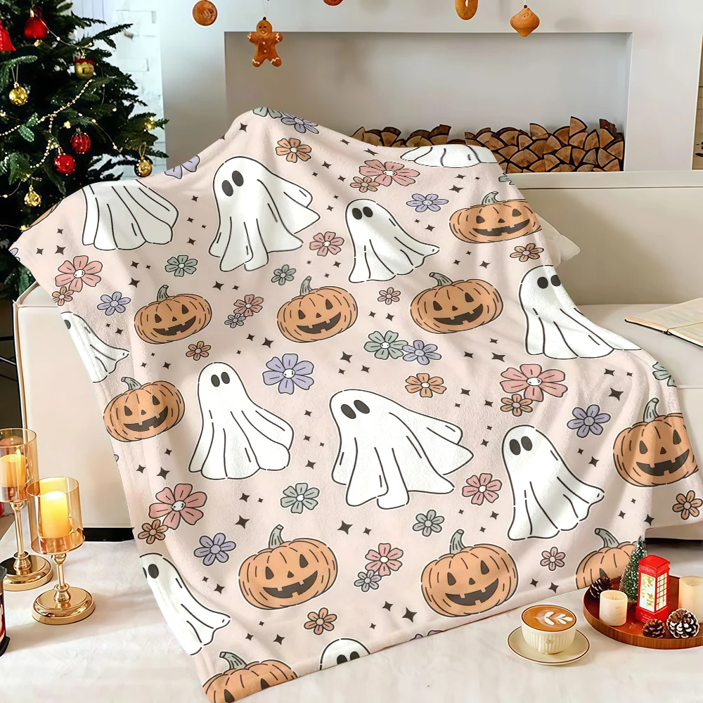 Halloween Cute Ghost Pumpkin Flower Flannel Blanket Soft Fuzzy Plush Cozy Warm Throw for Sofa Bed Couch Home Decor