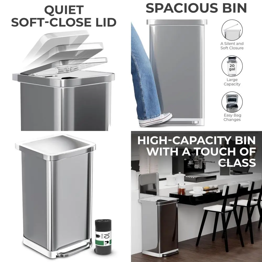 

20 Gallon Pedal-Activated Stainless Steel Kitchen Trash Bin with Soft-Close Lid and Bag Holder