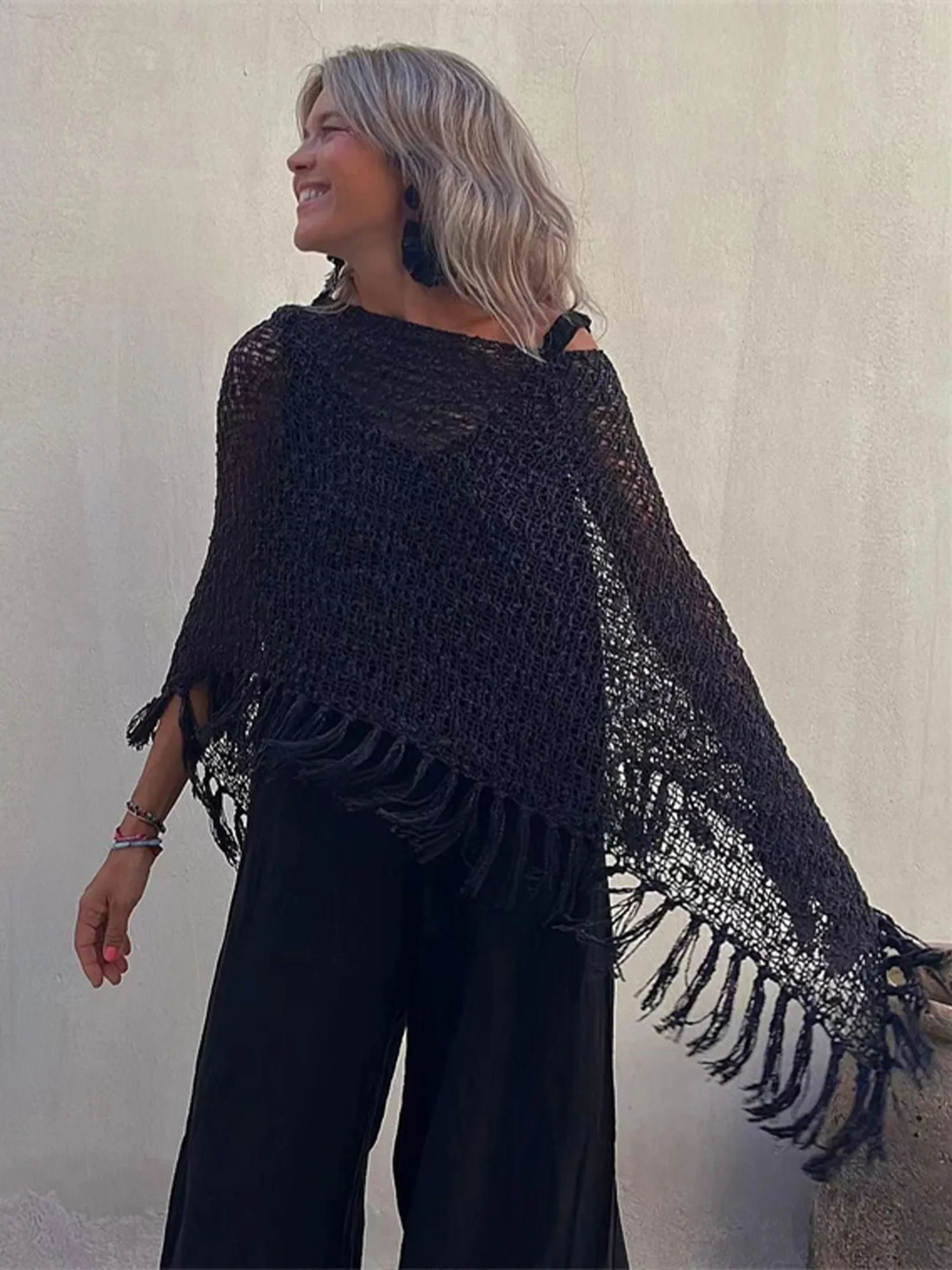 2024 Spring Summer Sexy Mesh See Through Bat Sleeve Top  Fringe Knit Pullover Cape Shawl Women's Swimsuit Cover-Ups A2876