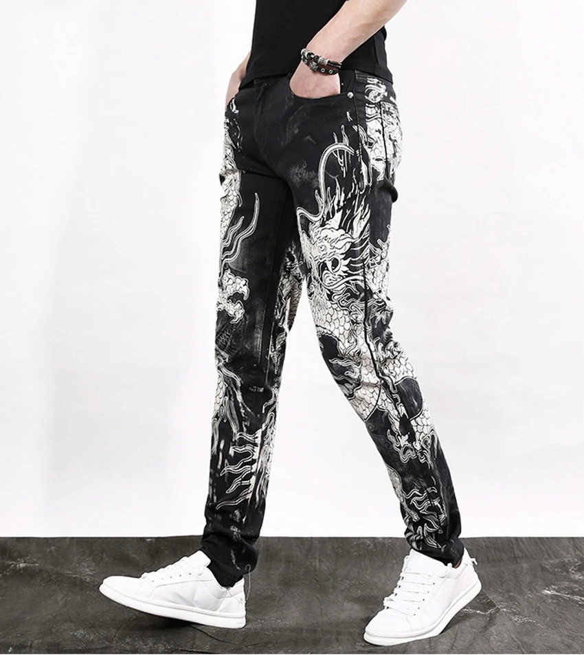 

Spring Men's Fashion Slim Casual Personality Black Trousers Chinese Dragon Printing Jeans Male Plus Size Singer Printed Pants