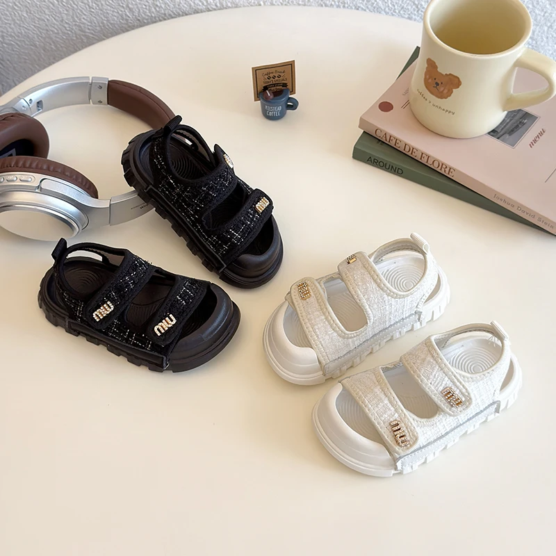 Kids Sandals Children Summer Beach Shoes for Girls Toddlers Little Girl Rhinestone Sandals Fashion 2025 Toes-covered Anti-kick