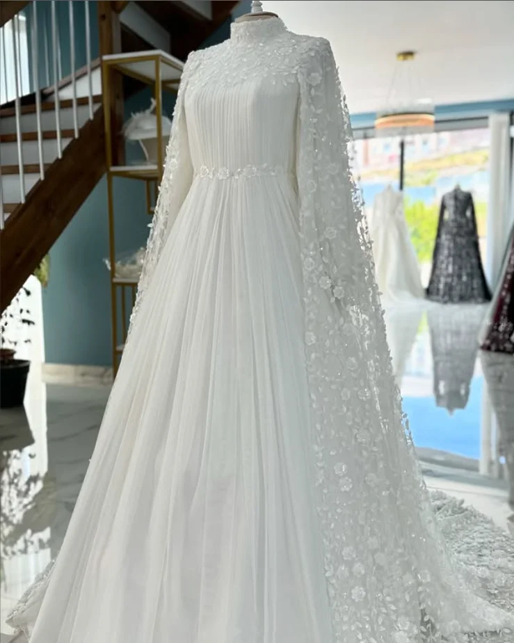 Robe de mariée Caftan musulmane turquie, avec Cape, col haut, dentelle florale, manches longues plissées, tenue de princesse personnalisée