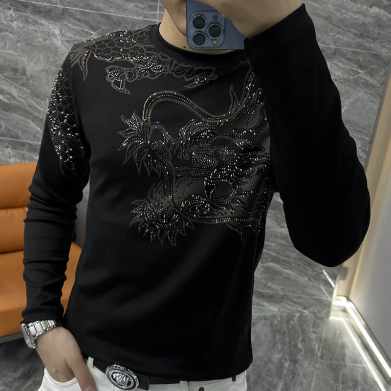 Rhinestone Animal Dragon European Men's Round Neck Hot Drill Print Funny T Shirts Men Long Sleeve Street Wear Tee Shirt Homme