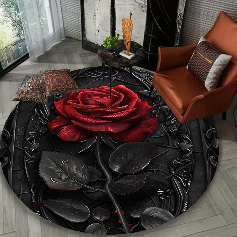 

Crystal velvet carpetLuxury Rose Print Circular Rug - 100% Polyester, Non-Slip Office Chair Mat, Elegant Red Roses Design,