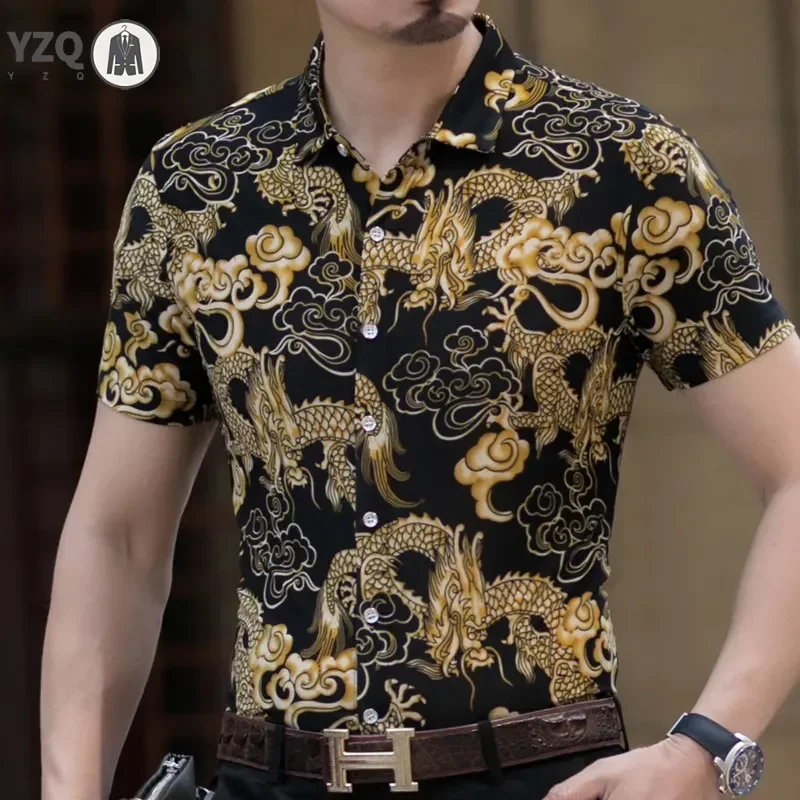 New Summer Men\'s Flower Animal Pattern Short sleeved Shirt Top