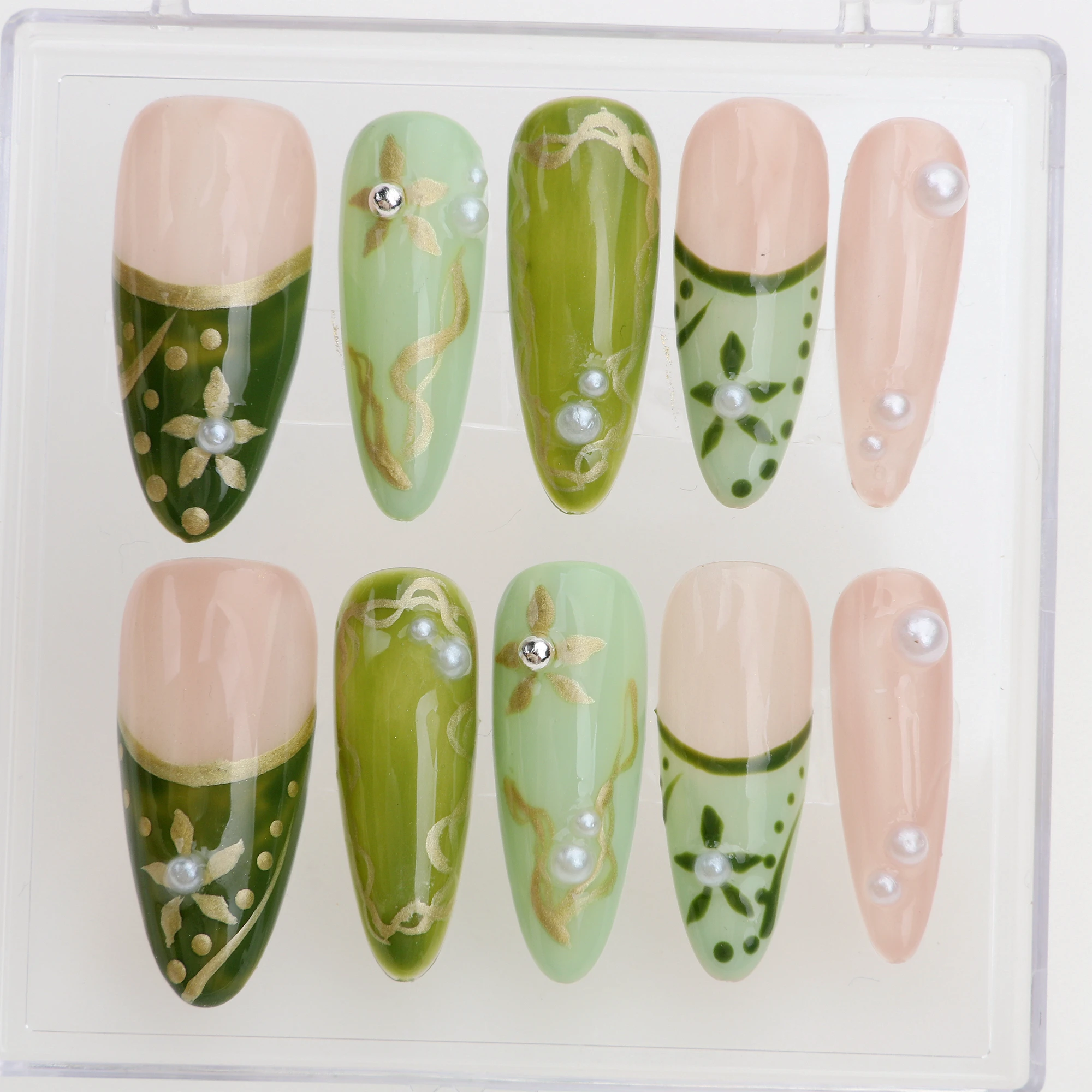 

10Pcs Handmade Manicure Long Almond Fake Nails Unique 3D Green Flowers Press On Nails Design with Adhesive Nail File Set