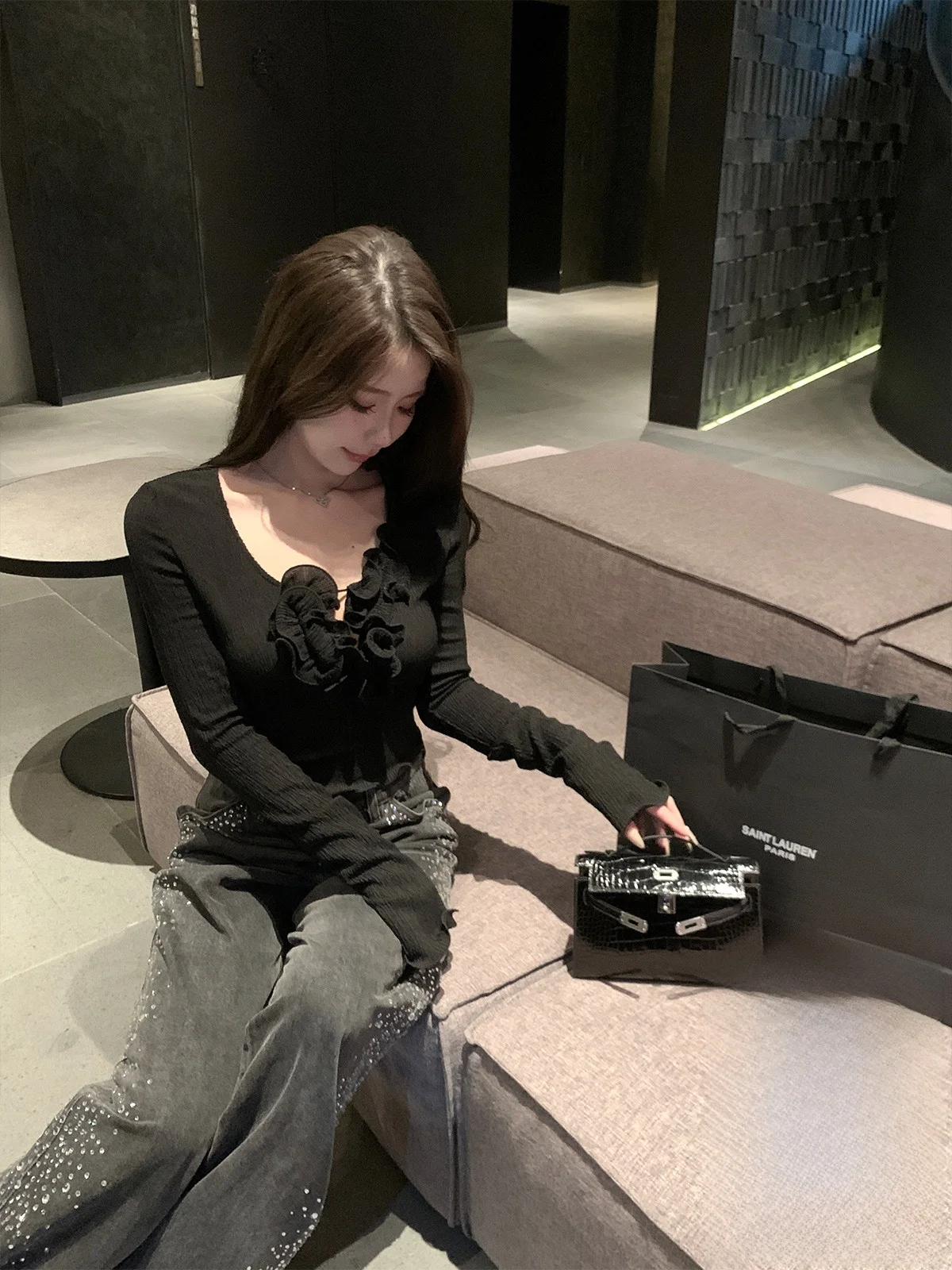 

Kubiliv Romantic Vintage U-Ne Long Sve Floral Lace Trim Chiffon Top Korean Sle Commute Wind ort Length Slim Fit