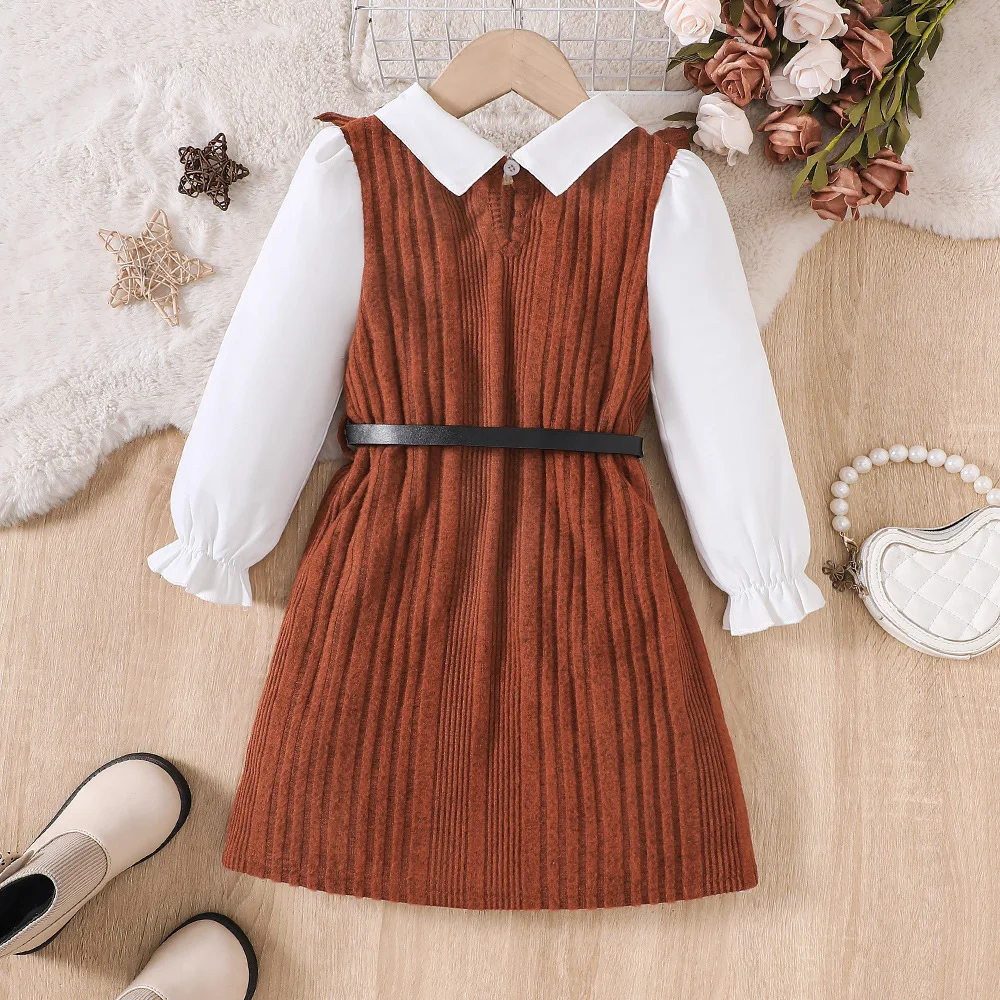 Kids Casual Shirt Dress For Girls Clothes Winter 2024 New Child Fashion Long Sleeve Ruffle Knitted Princess Dress with Belt