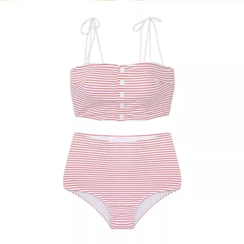 Консервативный пляжный комплект бикини для молодых женщин и девочек, комплект из 2 предметов, укороченный топ, мини-бретелька и короткие штаны с высокой талией, розовые полосатые корейские штаны