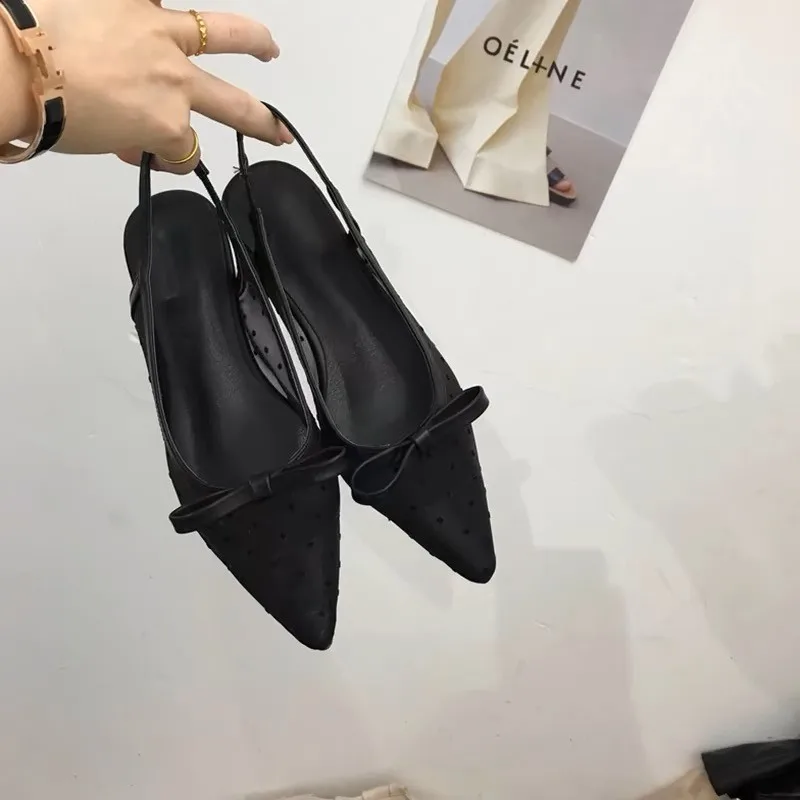 Women's mesh polka dot low-heel sandals 2026spring and summer versatile bow fairy-style closed-toe pointed backless single shoes image 2