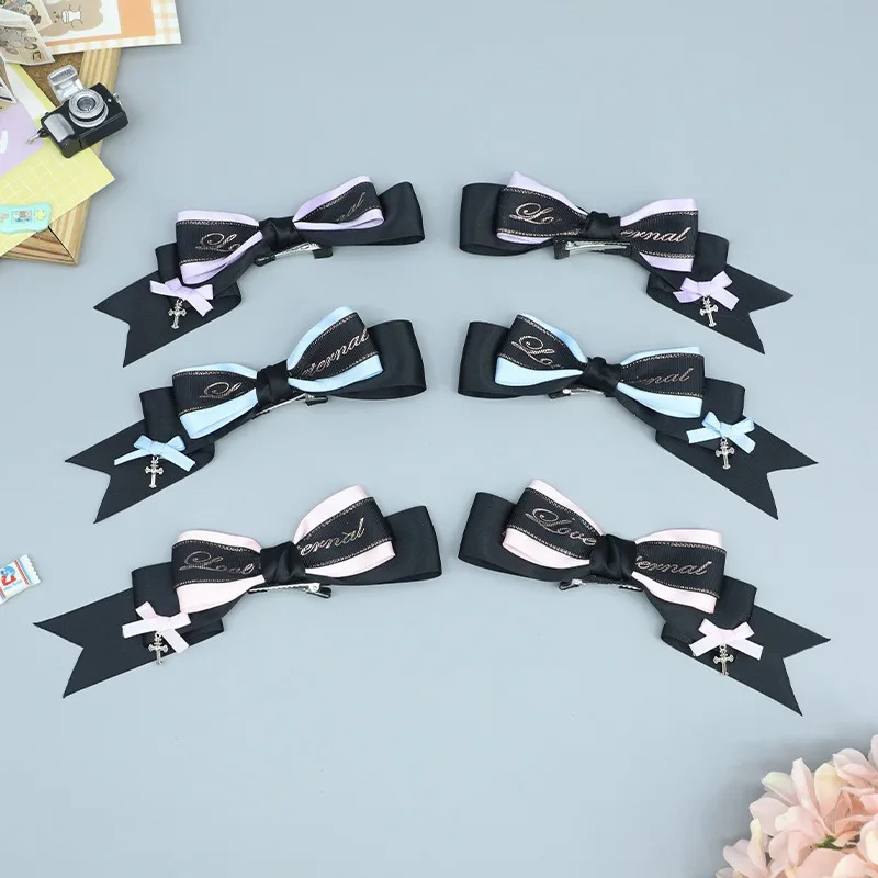 Nowe akcesoria Lolita w stylu czarno-różowej kokardy, spinka do włosów, japońskie słodkie, fajne, ręcznie robione akcesoria do włosów, nakrycia głowy, akcesoria anime.