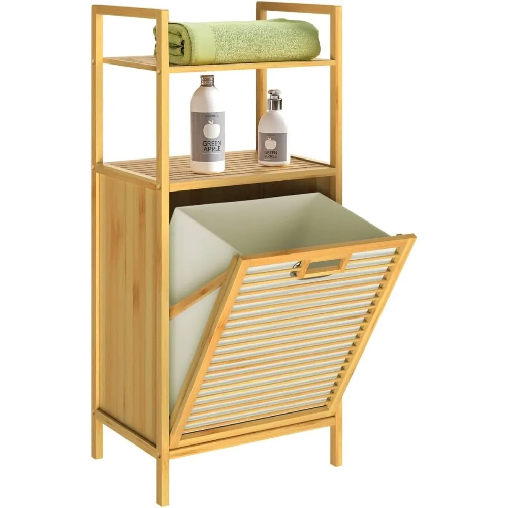 Mobile da bagno con cesto portabiancheria 36L mobiletto in bambù 2 ripiani con cesto portabiancheria 95 x 40 x 30 cm