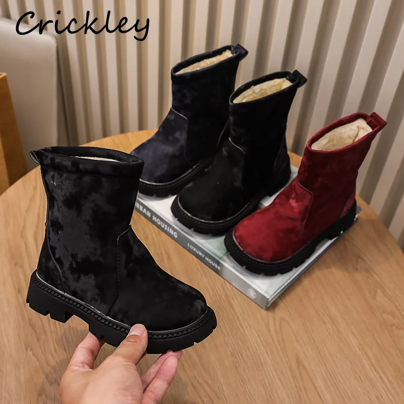 Winter Solid Girls Fashion Boots Warm Soft PU Leather Children Mid Calf Shoes Plush Slip On Kids Chelsea Boots