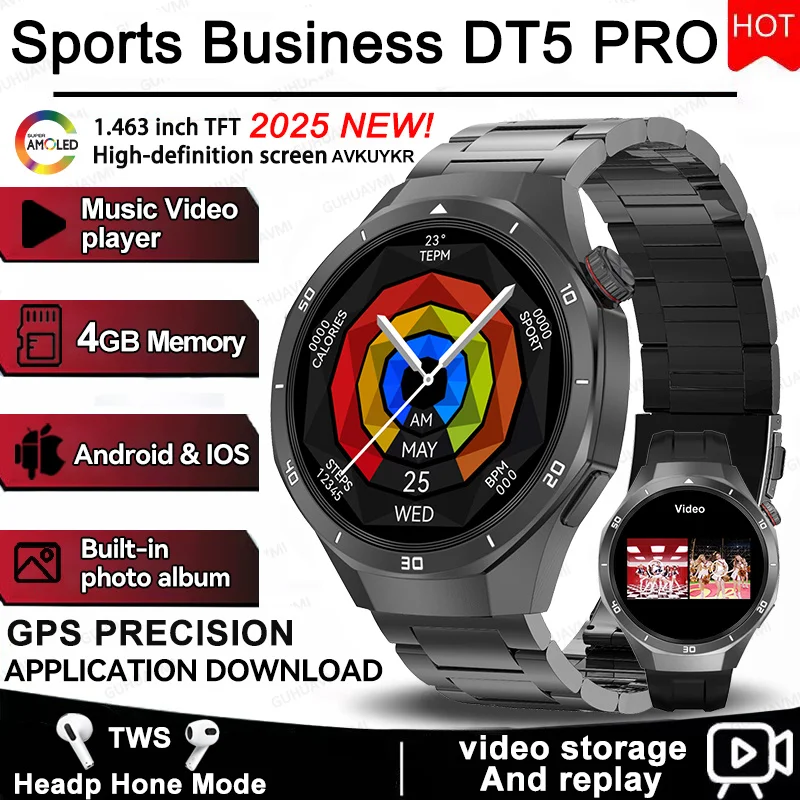 

2025 New For DT5 Super Smart Bracelet for Men 32GB RAM GPS Tracker AMOLED HD Screen Bluetooth Call Heart Rate Smart Watch