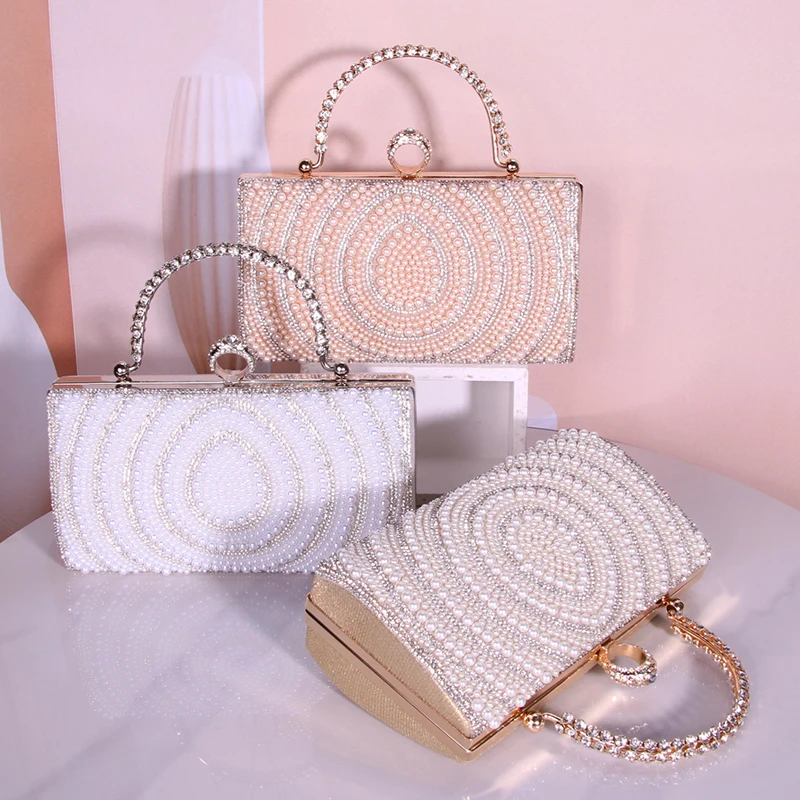 

Women Shinying Bling Rhinestone Evening Bag Luxury Pearl Clutch Bag Diamonds Metal Buckle Handle Handbag for Wedding Party Dress