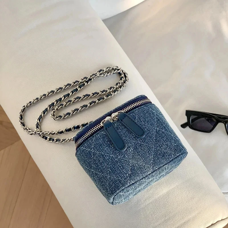 Mini Denim Crossbody Bags for Women 2024 Lingge Chains Shoulder Bag Fashion Brands Box Bag Lipstick Coins Purses and Handbags