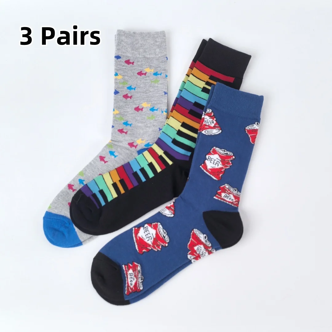 

3 pairs of men's mid-calf socks with colorful piano keys, small fish and beer can pattern, suitable for all seasons