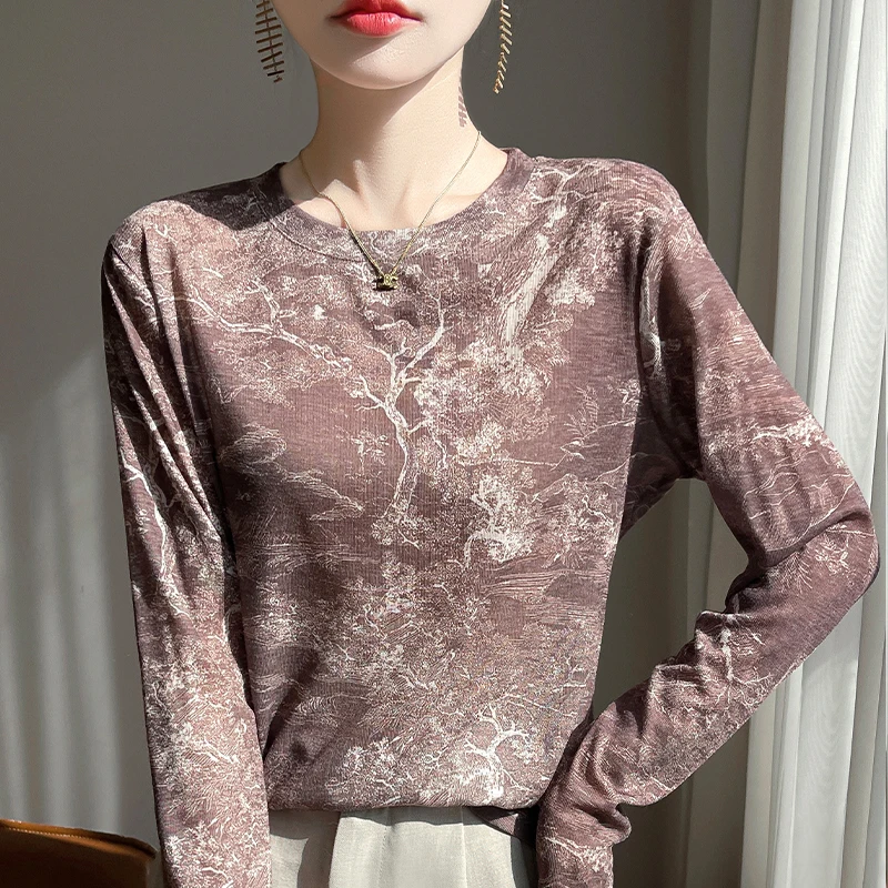 

New Summer Round Neck Tie-Dyed Lyocell Thin Sweater Women's Loose Printed Bottoming Shirt Top