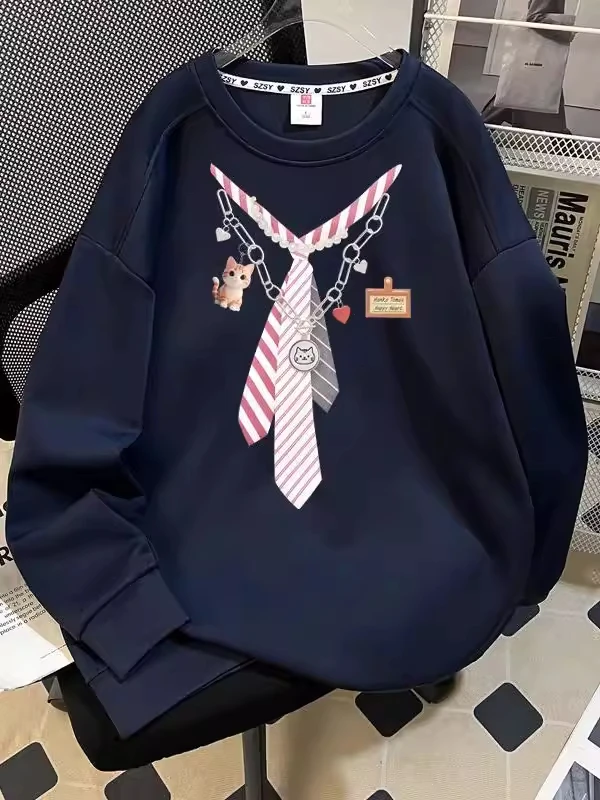 

Extra Large 300 Pounds Design Sense Print round Neck Sweatshirt Women Spring College Style INS Loose Versatile Long Sleeve Top