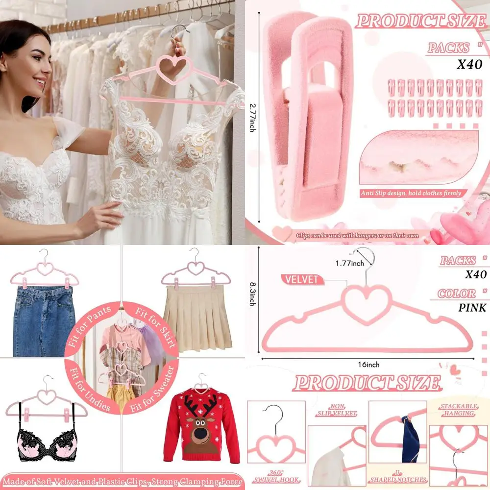 Paquete de 40 perchas de corazón de terciopelo rosa con clips, fieltro antideslizante, 360 ° Ganchos giratorios, que ahorran espacio para armarios y decoración de habitaciones