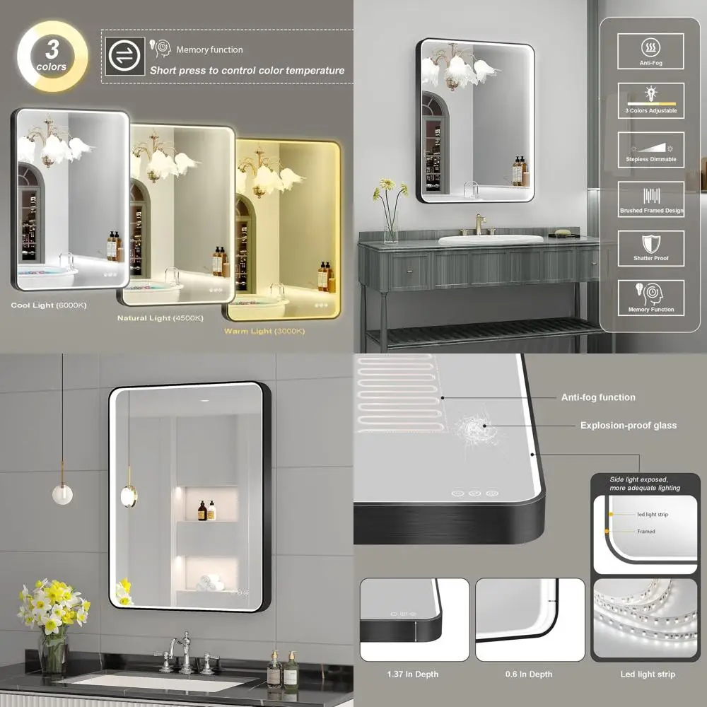 

Зеркало для ванной 24x32 дюйма, черное, светодиодное, с функцией антизапотевания, пошаговым затемнением, фронтальной подсветкой, функцией памяти, ударопрочное