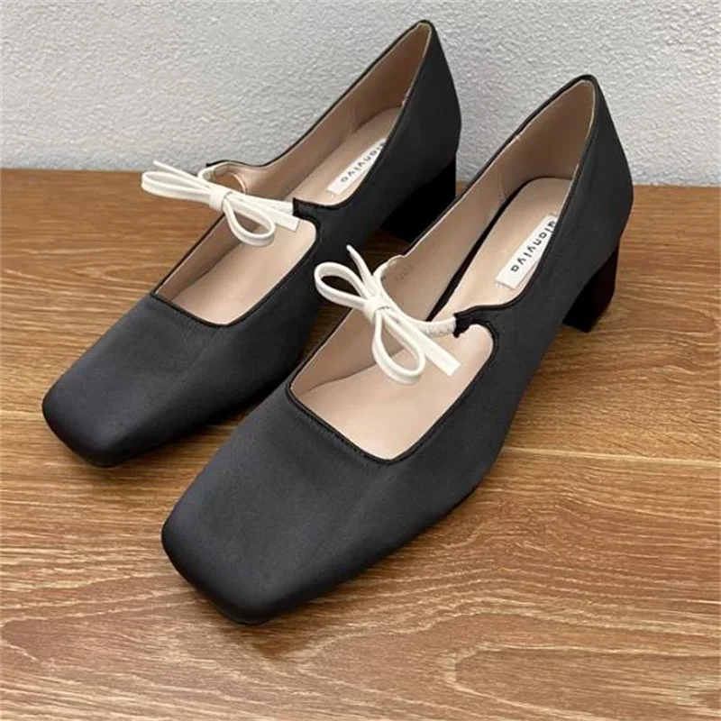 

Butterfly-knot Shoes For Women Square Toes Patent Leather Mary Janes Shallow Churry High Heels Female Pumps Sewing Lines Zapatos