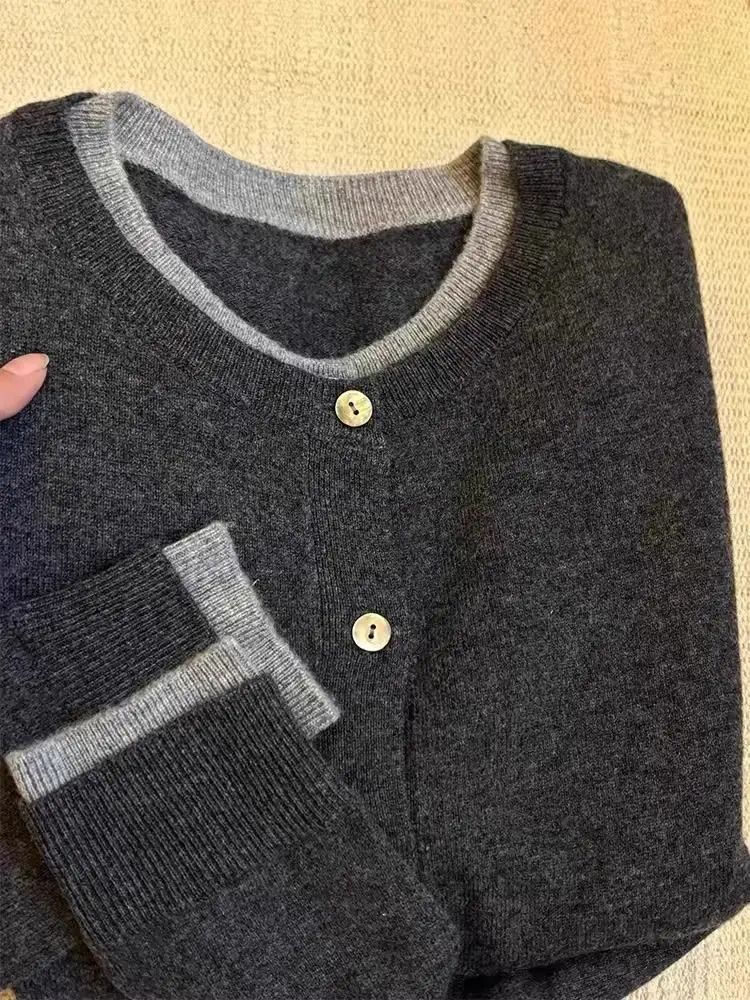 

Deeptown серый контрастный цвет искусственный вязаный кардиган из двух предметов женский винтажный корейский модный свитер в консервативном стиле свободный Jk классический зимний